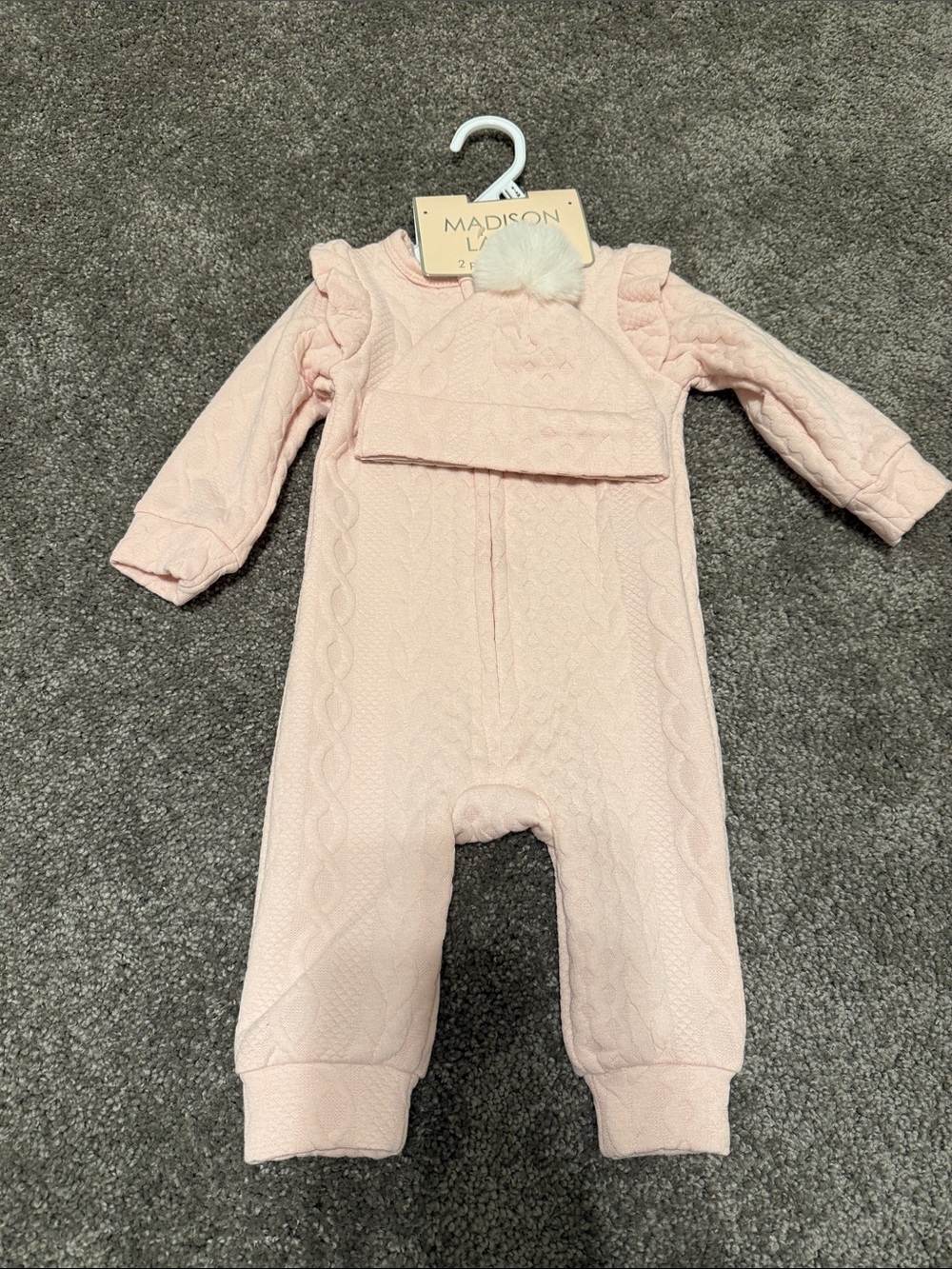 Madison Light Pink Cable-Knit Baby One-Piece with Pom Hat